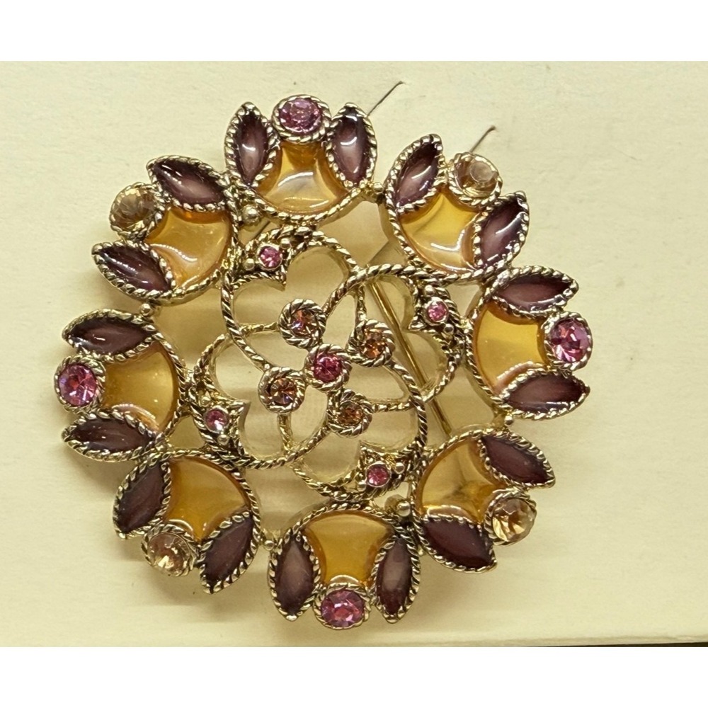 Monet 2 Signed Rhinestone and Enamel Brooch Purple Multi Color Original Box 2"